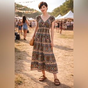 Mille Gabrielle Women’s M, Midi Dress Smocked Waist Paisley Print, Boho, Hippie